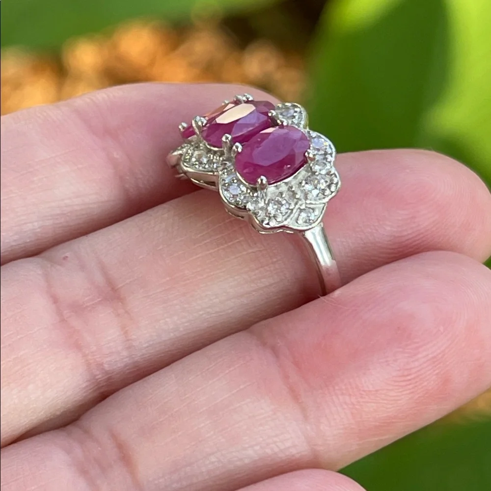 NWT Natural Ruby 3 stone (7X5mm each) Ring w/ CZ accents in 925 Silver Size 6.5
